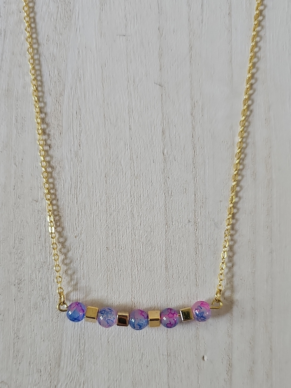Gold Chain Necklace with Pink and Blue Marbled Glass Beads
